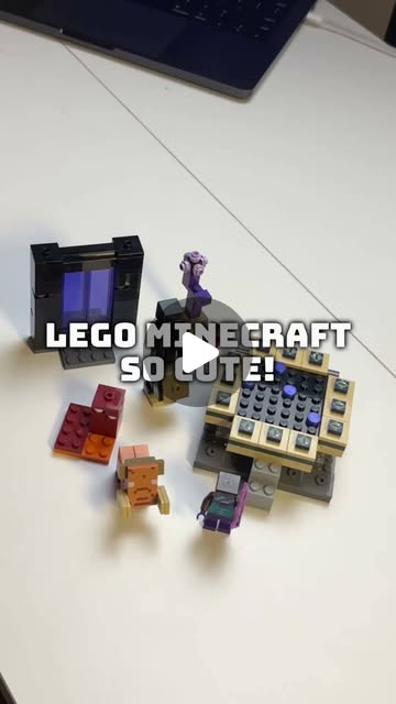 The completed LEGO Minecraft Ender and End Portal Journey models arranged on a white table