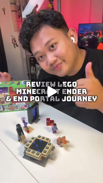 Adit giving a thumbs-up beside the completed LEGO Minecraft portal build